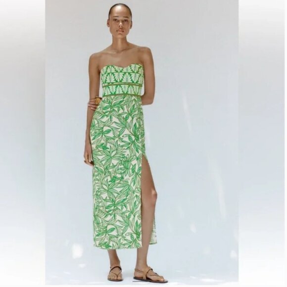 NEW Zara Linen Blend Strapless Midi Dress with Tropical Print, Size S - Picture 3 of 16